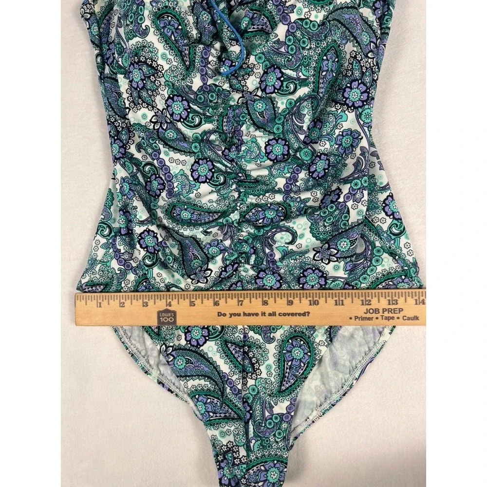 Fit 4 U One Piece Swimsuit W 12 Teal Purple Paisley Fit 4 Ur Tummy Ruched Beach - Picture 9 of 13